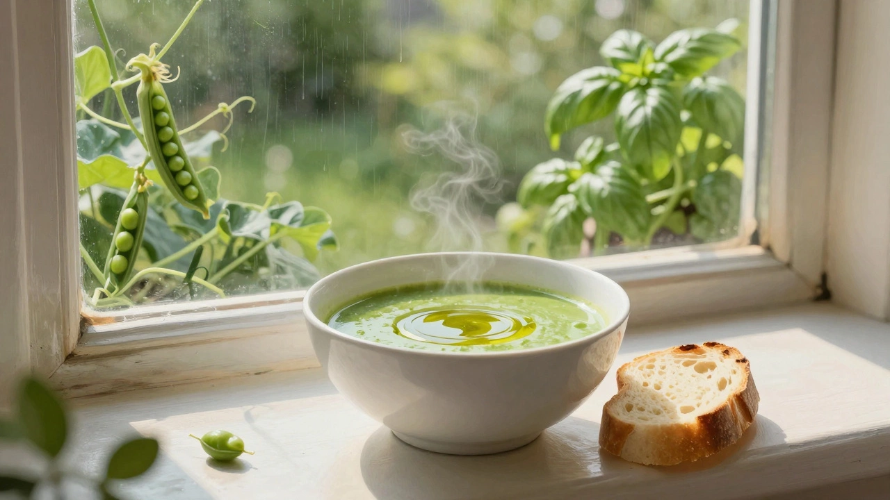 A bowl of vibrant green soup on a windowsill with bread beside it and garden views outside.