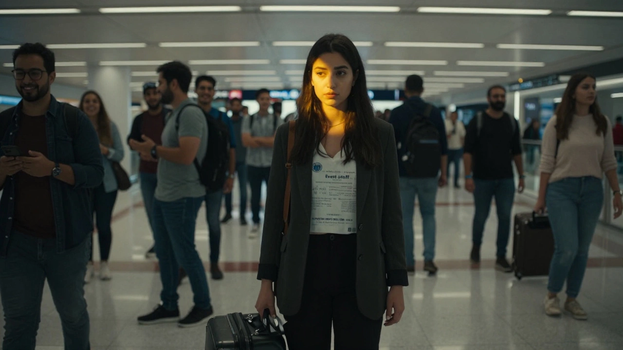 A young woman stands alone in a busy Dubai airport, clutching her suitcase, looking over her shoulder as others move past unaware.
