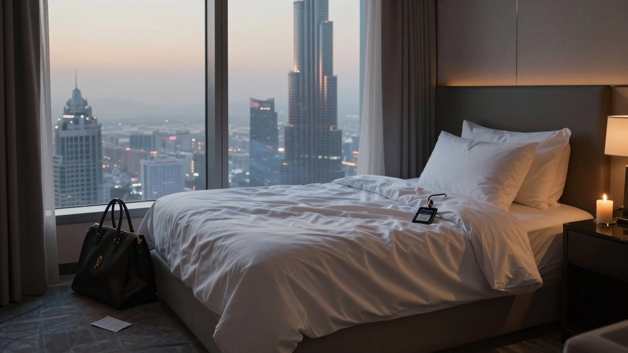 An empty luxury hotel room at dawn, with rumpled sheets and a discarded handbag, sunlight reflecting off the Burj Khalifa through the window.