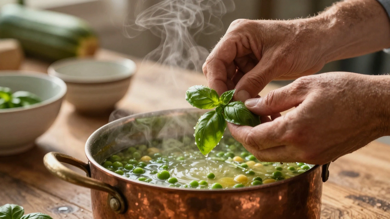 Weathered hands tearing basil leaves over a simmering pot of vegetable soup.